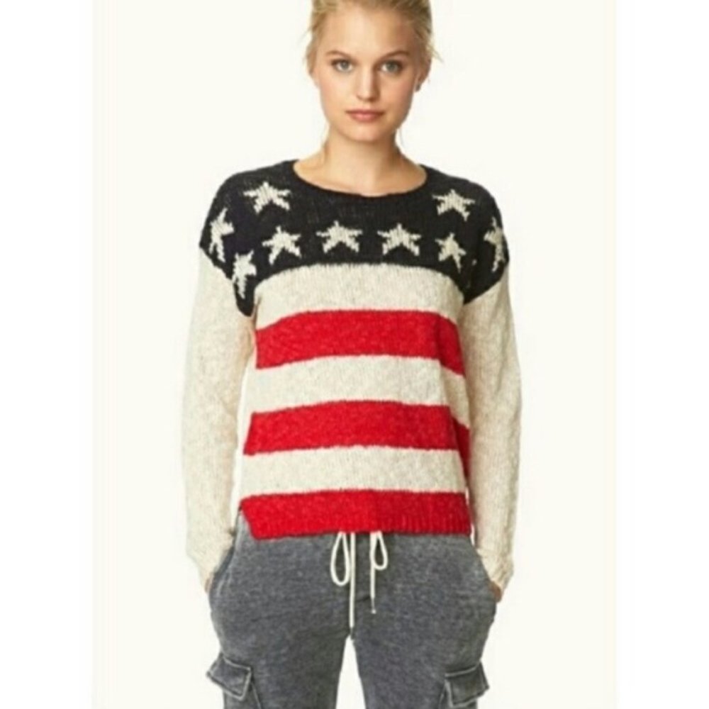 Forever 21 American Flag Sweater Cream Red & Blue Stars & Stripes Top